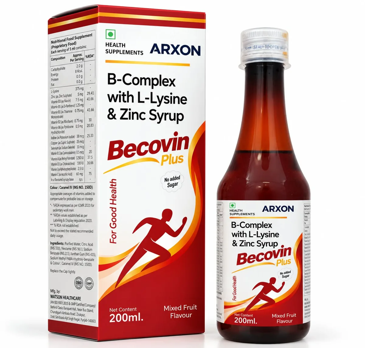 BECOVIN PLUS B-Complex with L-Lysine & Zinc Syrup, 200 ml bottle and box by ARXON