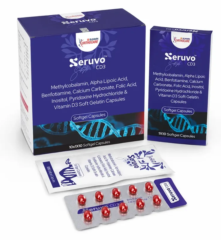 SERUVO CD3 Softgel Capsule (Alpha Lipoic Acid + Benfotiamine + Calcium Carbonate + Chromium Picolinate + Folic Acid + Inositol + Methylcobalamin + Pyridoxine + Cholecalciferol), 10 x 1 x 10 softgel capsules (Blister)