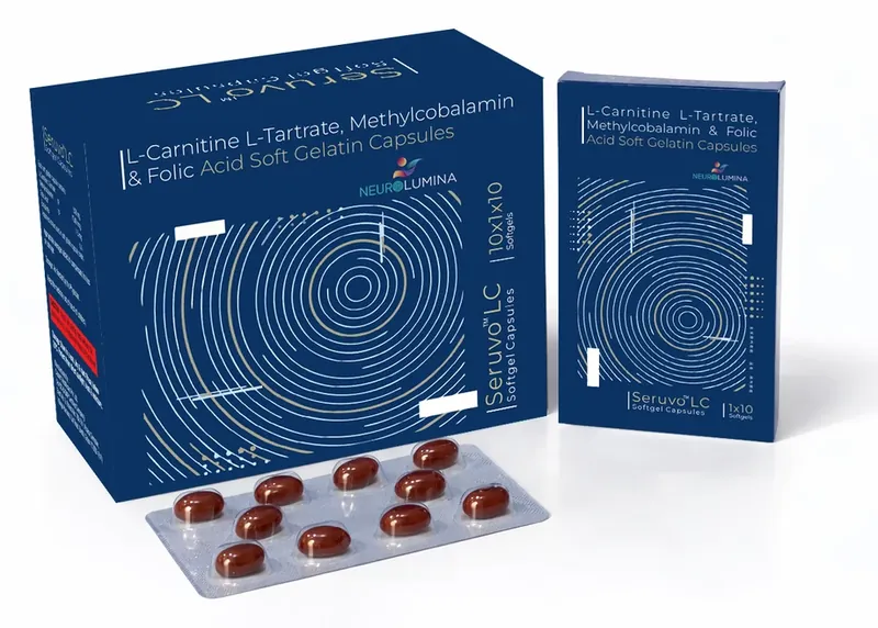 SERUVO LC Softgel Capsule (L-Carnitine L-Tartrate + Methylcobalamin + Folic Acid), 10 x 1 x 10 softgel capsules (Blister)