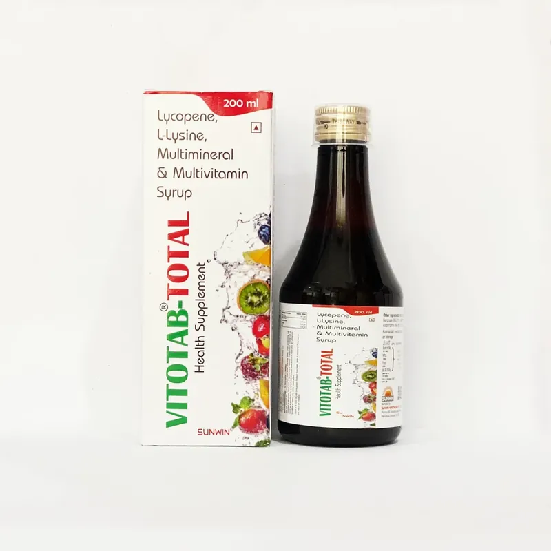 VITOTAB TOTAL Syrup (Amino Acids (essential amino acids) + Lycopene 2000 mcg + Vitamin A 2000 IU + Cholecalciferol 200 IU + Vitamin E 7.5 IU + Thiamine 1 mg + Riboflavin 1.5 mg + Niacinamide 2 mg + Calcium Pantothenate 0.4 mg + Pyridoxine 1.5 mg + Biotin 10 mcg + Vitamin B12 1 mcg), 200 ml bottle