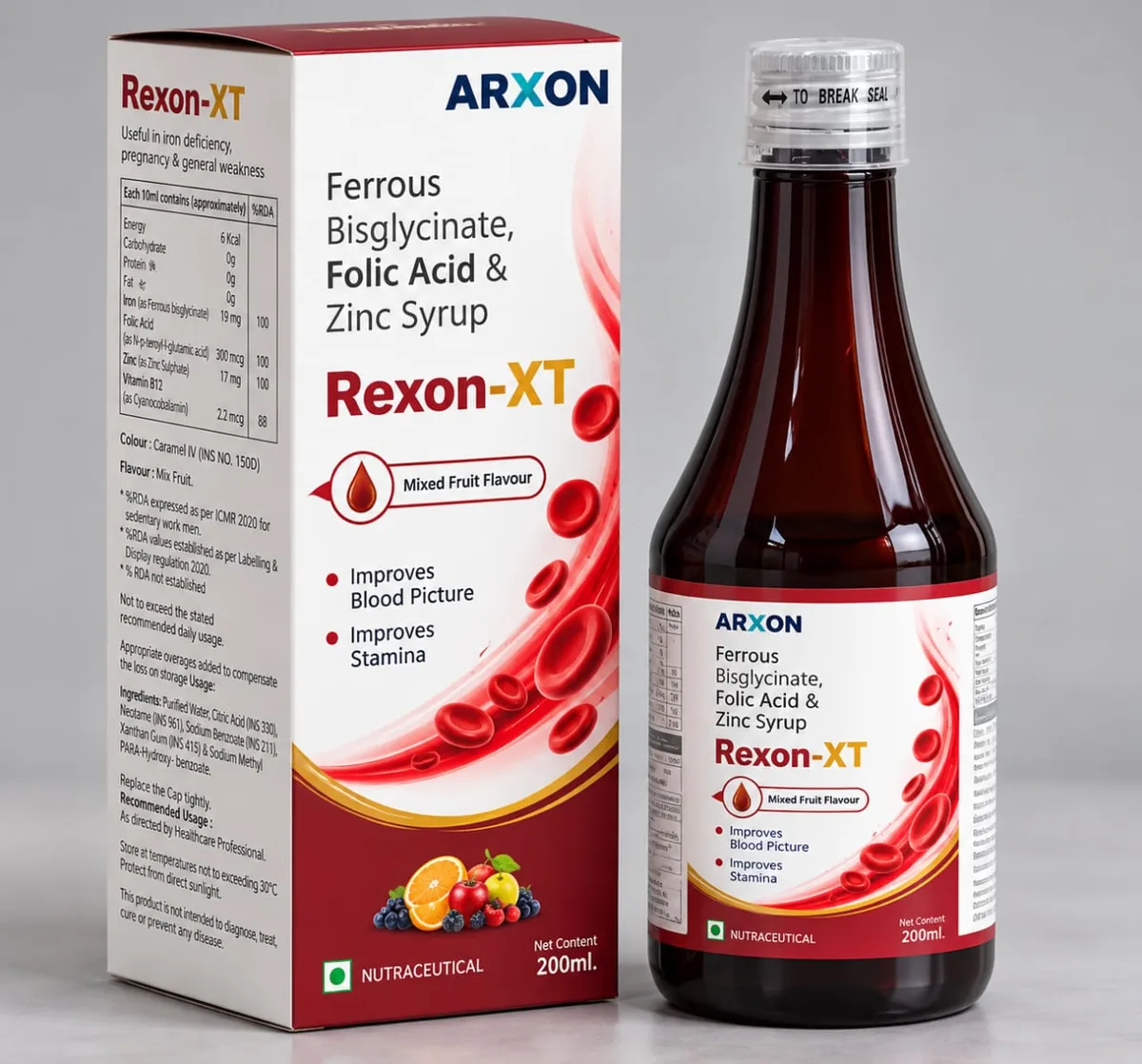 REXON-XT Ferrous Bisglycinate, Folic Acid & Zinc Syrup, 200 ml bottle and box by ARXON