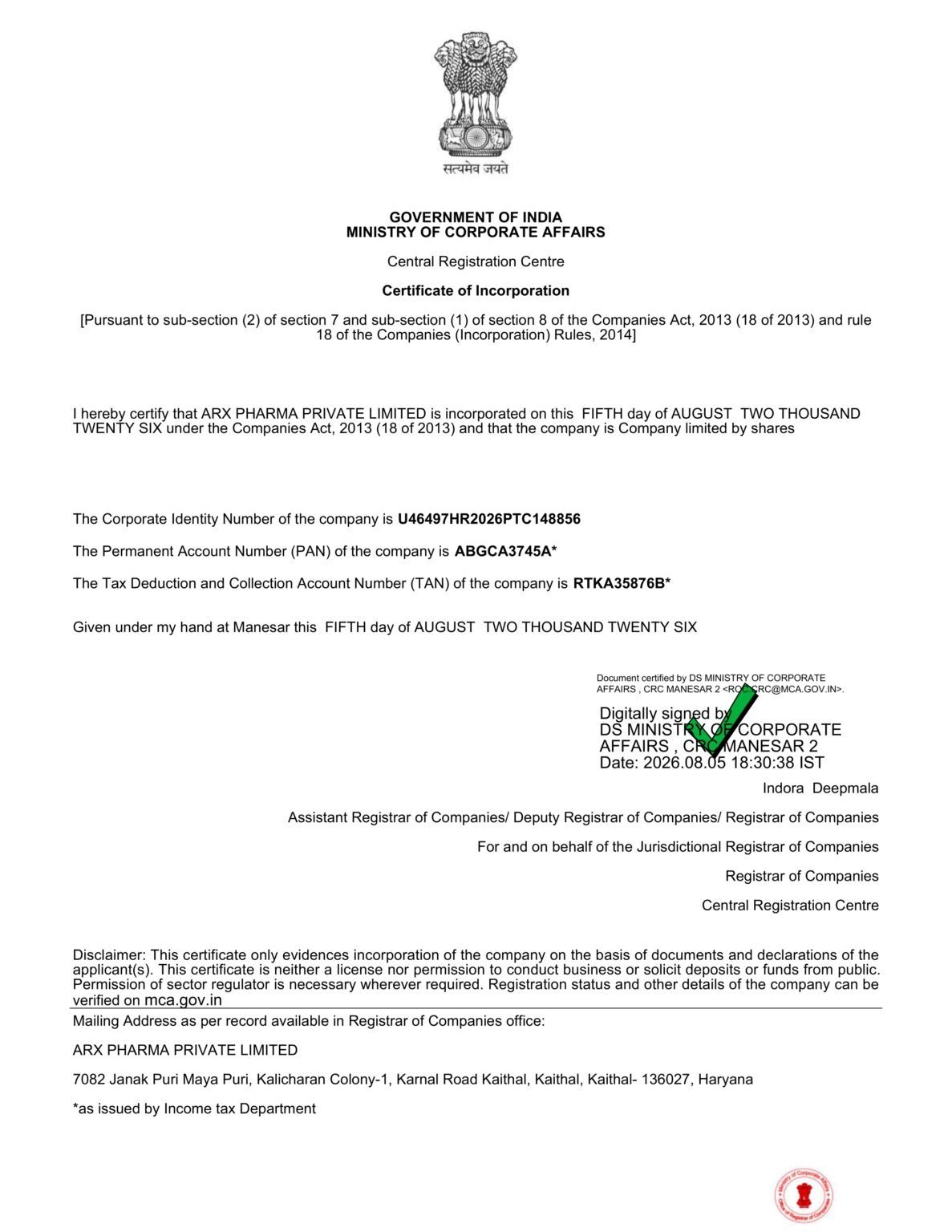 Certificate of Incorporation - ARX PHARMA PRIVATE LIMITED