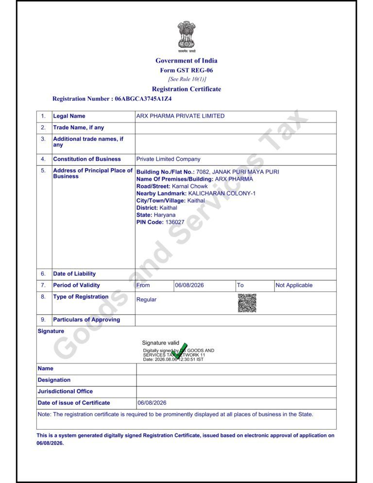 GST Registration Certificate Form GST REG-06 issued to ARX PHARMA PRIVATE LIMITED
