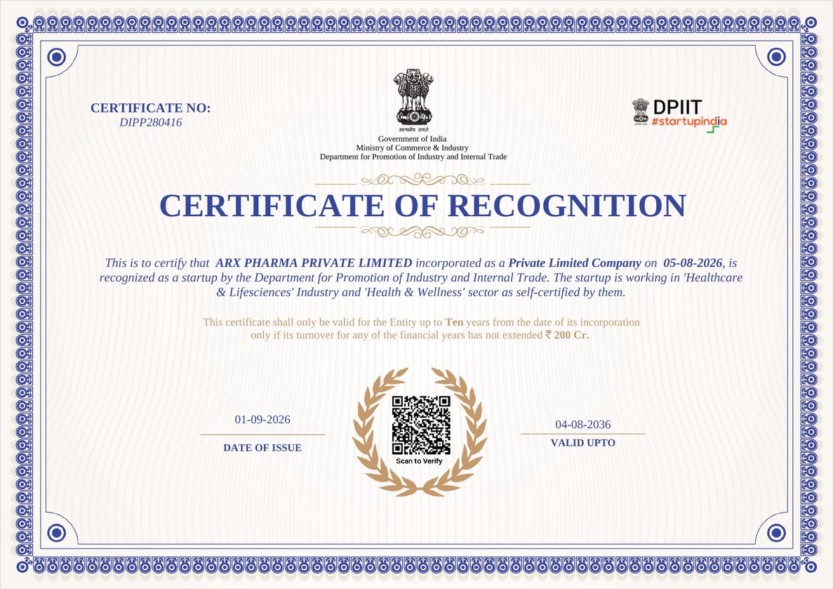 DPIIT Startup India Certificate of Recognition - ARX PHARMA PRIVATE LIMITED